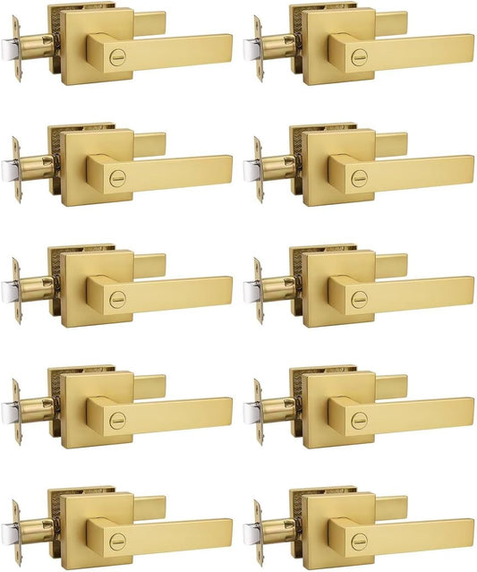 10 Pack Heavy Duty Gold Square Privacy Interior Door Levers, Satin Brass Finish, Bedroom and Bathroom Door Handles Keyless Bed/Bath Lockset