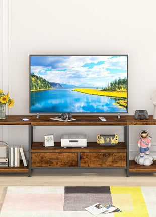 55.1" Rustic Brown TV Stand with Fabric Drawer - Industrial Style Entertainment Center and Console Table with Open Storage Shelves for Living Room and Bedroom