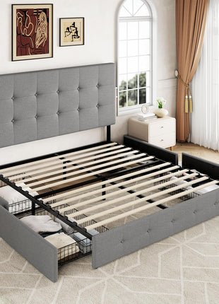 Queen Size Upholstered Platform Bed Frame with 4 Storage Drawers and Headboard, Square Stitched Button Tufted Design, Mattress Foundation with Wooden Slats Support, No Box Spring Required, Light Grey