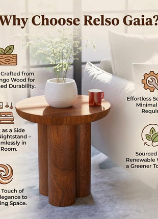 Gaia Round End Table - Solid Mango Wood for Rustic Elegance in Living Room and Farmhouse Décor - Versatile Side Table and Nightstand in Walnut Finish