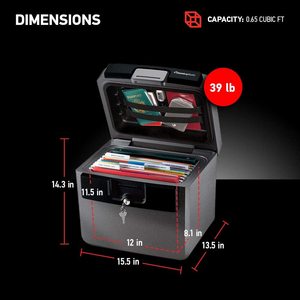 Black Fireproof and Waterproof Safe, File Folder and Document Box with Key Lock, Ex. 14.3 X 15.5 X 13.5 Inches, HD4100