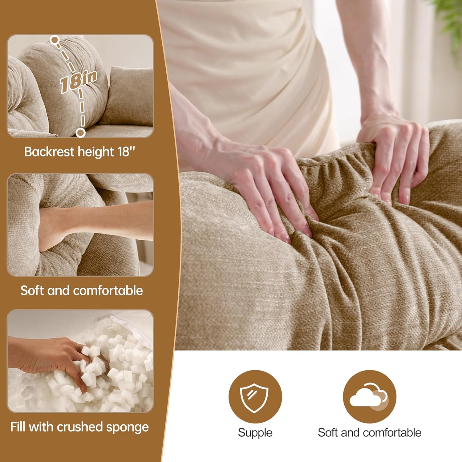 74" Loveseat for Living Room, Comfy Chenille Fabric Cloud Sectional Couch, Modern Upholstered Deep Seat Sofa with Armrest Pillow, Two Seater Couch for Small Spaces, Camel