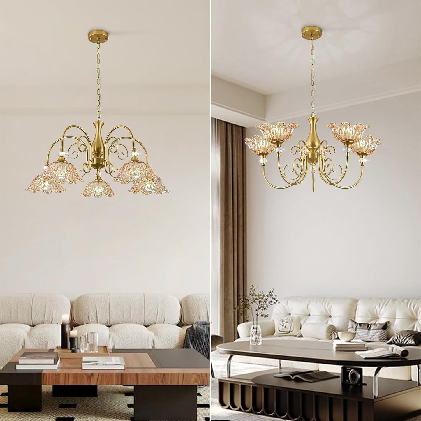 5-Light Vintage Chandeliers in Matte Brass Finish with Amber Glass Shades, Retro Chandelier Light for Dining Room,Hallway,Kitchen