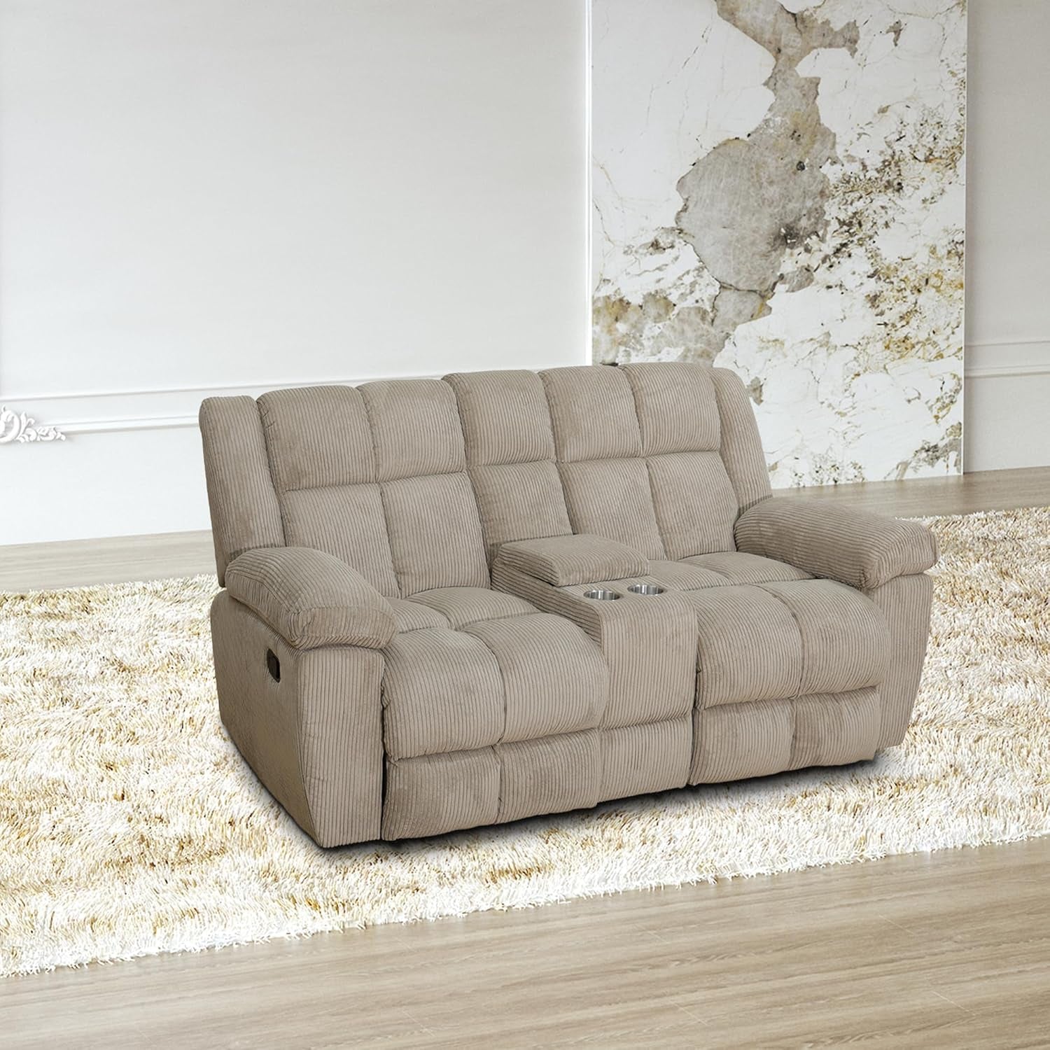 Corduroy Fabric Recliner Sofa Set, 3 Piece Living Room Furniture Set, Manual Reclining Sofa Couch and Chair with Cup Holders/Storage/Coffee Table (Beige)