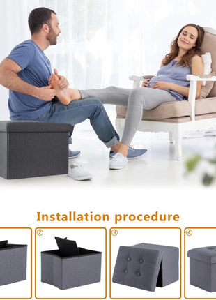 Compact Grey Foldable Ottoman Stool with Hidden Storage - 17 x 13 x 13 Inches for Living Room Use