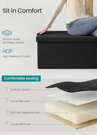 MAZIE Collection 43-Inch Synthetic Leather Folding Storage Ottoman Bench, 660 lb Weight Capacity, Black