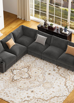 FSC Certified Velvet Oversized Grey U-Shaped Modular Sectional Sofa with Detachable Chaise and Armrest Cushions - Seats 6