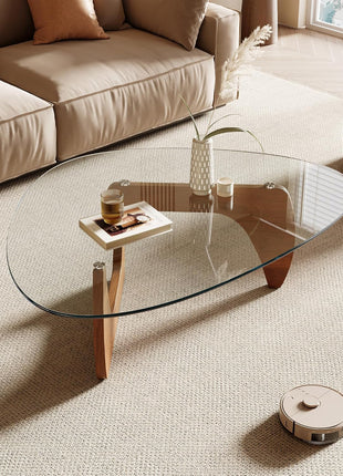 Contemporary Triangle Coffee Table with Tempered Glass Top and Natural Wood Finish, 42.5" x 28.5" x 16.1" for Living Room