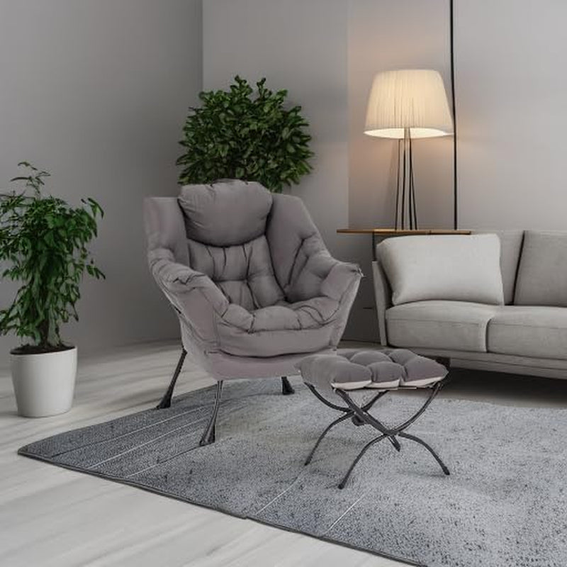 Lazy Chair with Ottoman, Modern Accent Leisure Upholstered Lazy Sofa Armchair, Contemporary Lounge Reading Chair with Armrests and a Side Pocket for Living Room, Bedroom & Small Space, Dark Grey