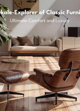 Mid-Century Modern Top Grain Leather Chaise Lounge Chair and Ottoman, Classic Accent Seating for Living Room and Office, Retro Aged Leather with Walnut Finish