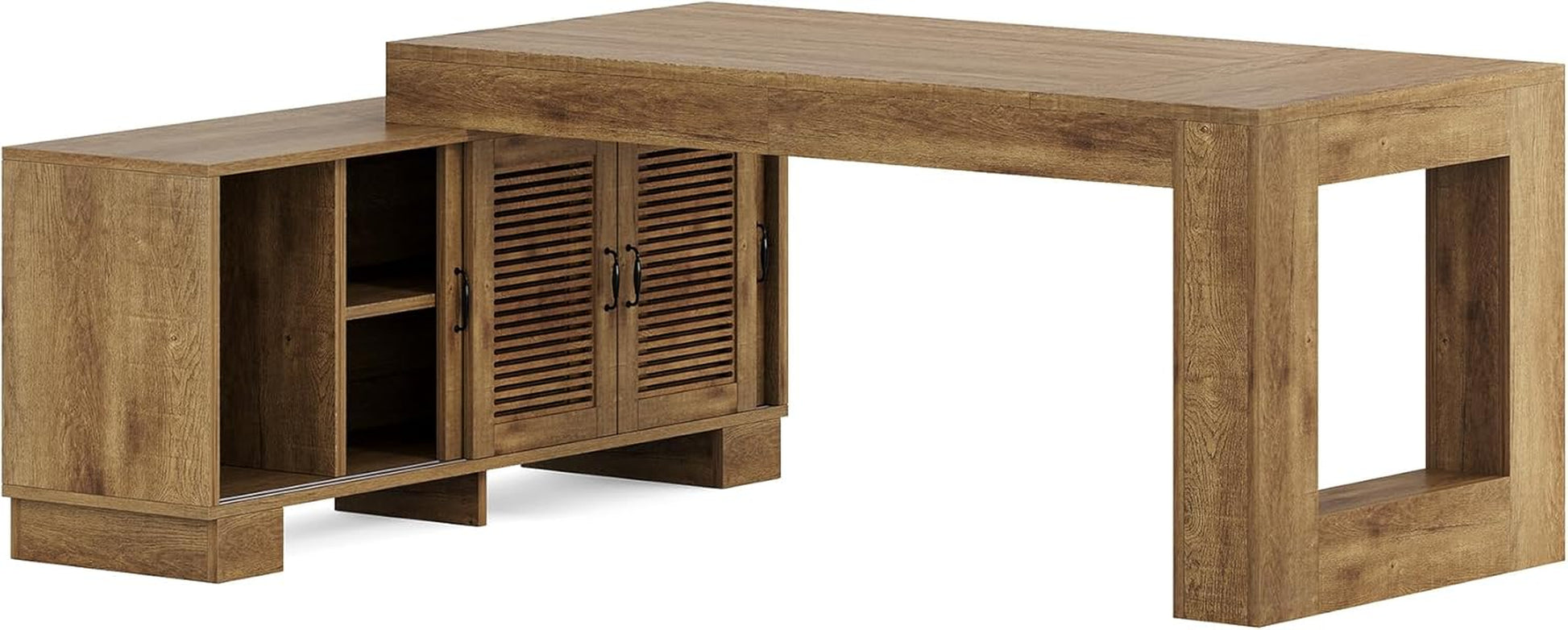 63" L Shaped Executive Desk with Storage, Farmhouse Home Office Desk with 2-Tier Cabinets and Shelves, Large Wooden Computer Table Business Furniture Workstation Set, Brown