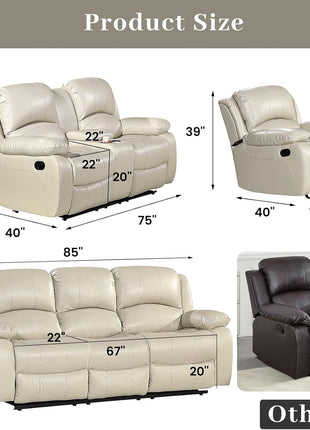 3-Piece Faux Leather Reclining Sofa Set for Stylish Living Room Enhancement - Available in Multiple Colors
