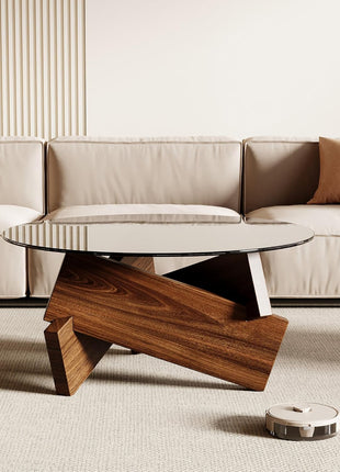 Contemporary Round Coffee Table with Tempered Glass Top, 30.7" x 30.7" x 16.1", Walnut Finish for Living Room Decor