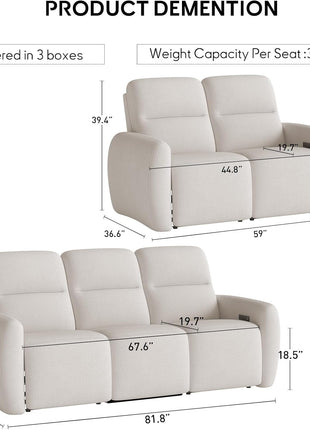 3-Seater Reclining Sofa and Loveseat Set with USB and Type-C Charging Ports, Overstuffed Fabric Design for Living Room, Home Theater, and RV (Beige)