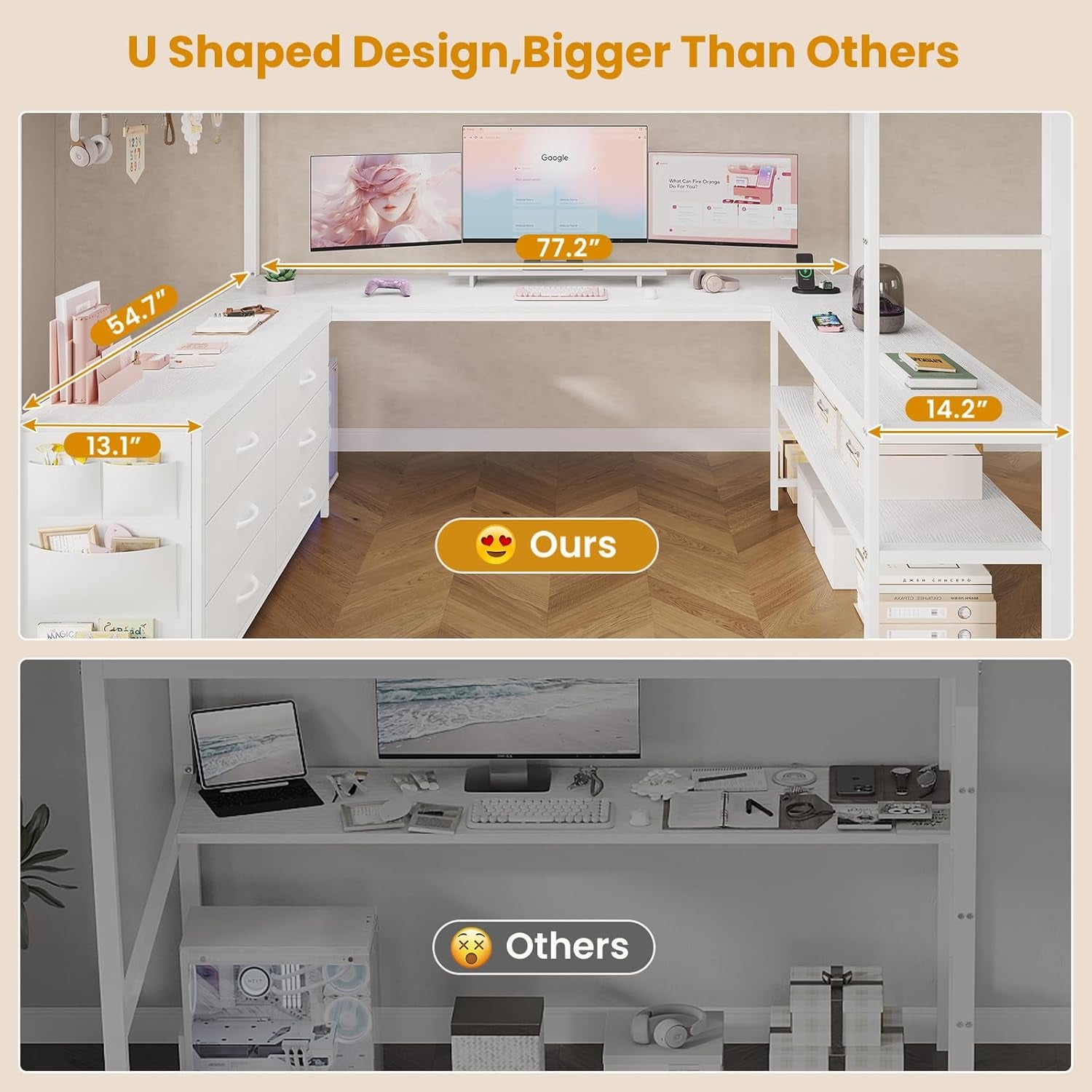 Loft Bed Full Size with U-Shaped Desk, 6 Storage Drawers, Power Outlet, LED Metal Loft Bed with 2 Storage Shelves, Bed with Safety Guardrail & Ladders,Space-Saving,White