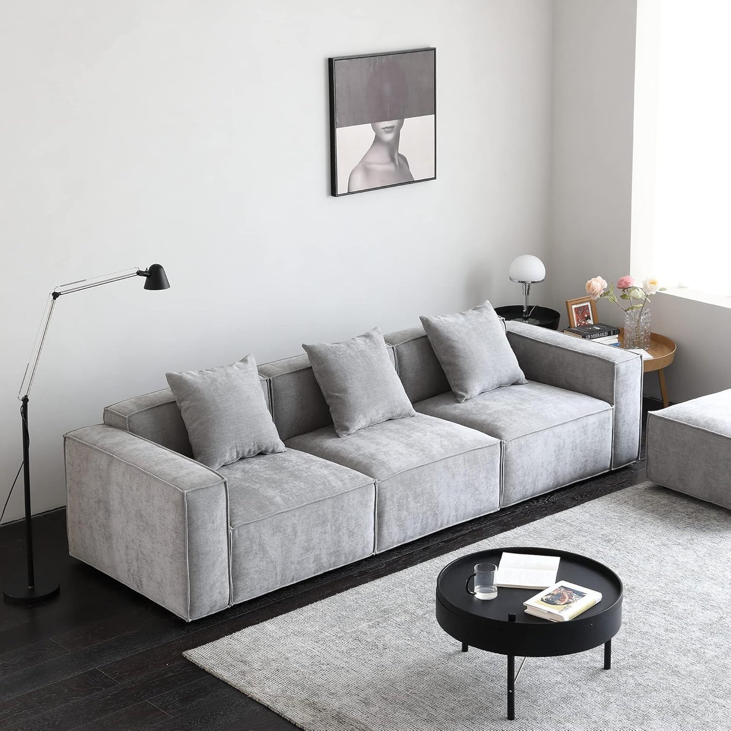 Luxury Modular Sectional Living Room Sofa Set, Modern Minimalist Style Couch with Ottoman and Chaise, L-Shape, Grey