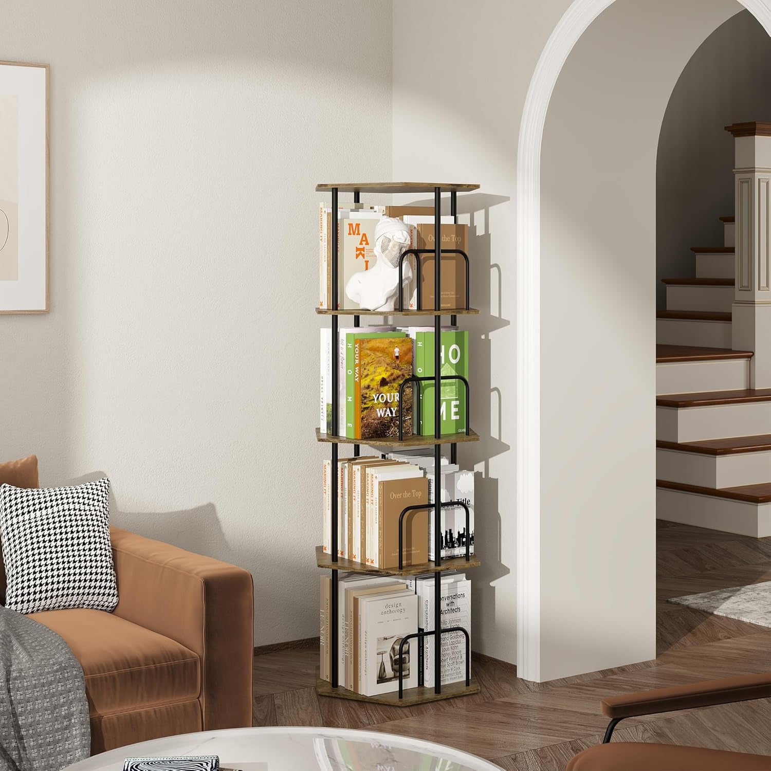 4 Tier Rotating Bookshelf Tower, Revolving 360 ° Spinning Bookcase, Hexagonal Corner Book Shelf Storage Carousel, Vertical Rotate Turning Organizer Book Shelves for Living Room Office Bedroom