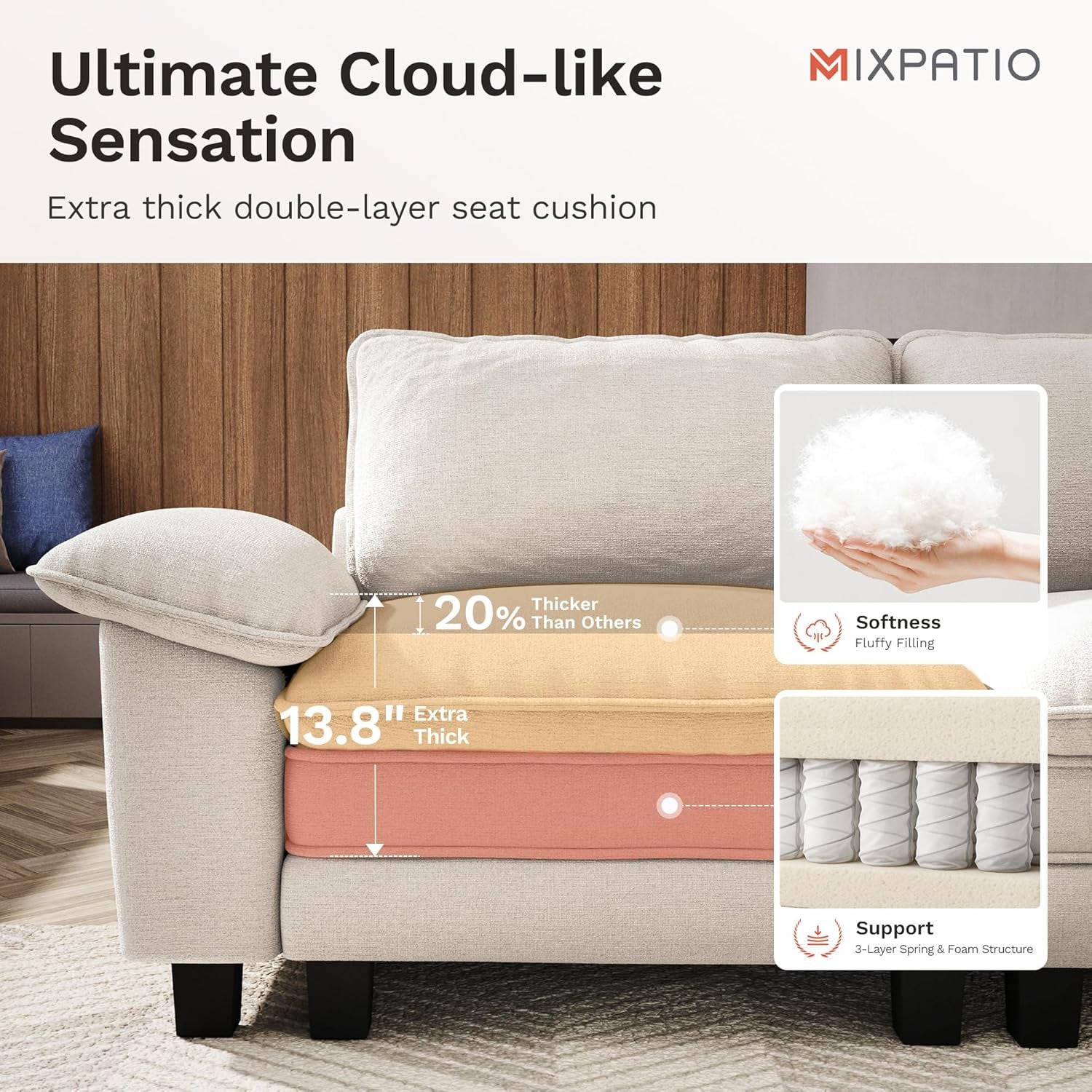 157-Inch U Shaped Sectional Sofa with Cloud Cushions, Deep Seat Modular Couch Set W/ 6 Seats & 2 Ottomans, Removable Arms, Plush Chenille Upholstery for Living Room, Apartment - Beige