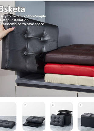 Compact Leather Folding Storage Ottoman with Thick Foam Padding, 17x13x13 Inches, Black