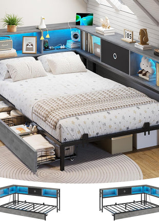 Twin Size Metal Platform Bed Frame with Bookcase Storage Headboard, LED Lights, Storage Drawers, and Charging Station in Oak Gray for Kids and Teens