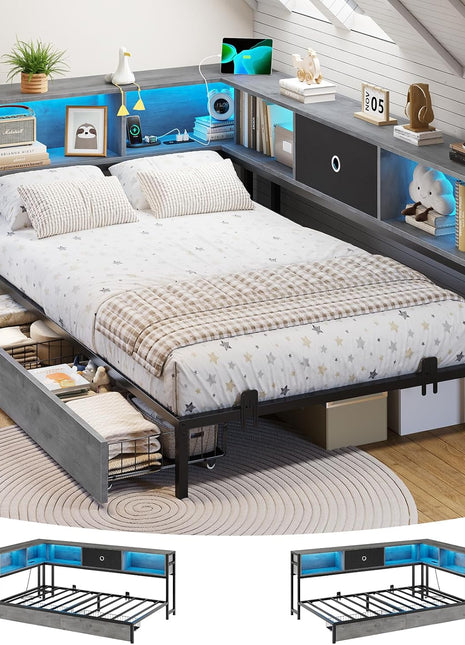 Twin Size Metal Platform Bed Frame with Bookcase Storage Headboard, LED Lights, Storage Drawers, and Charging Station in Oak Gray for Kids and Teens