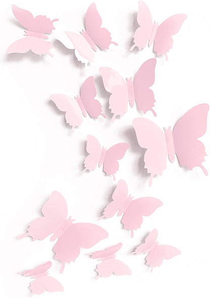 Cute Pink Butterfly Wall Decor 24 Pcs, Girls Room Wall Decals, Danish Pastel Aesthetic Butterflies Stickers for Nursery Decorations, Baby Toddler Room Decor for Girls
