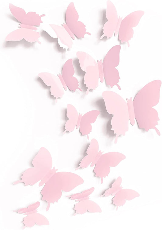 Cute Pink Butterfly Wall Decor 24 Pcs, Girls Room Wall Decals, Danish Pastel Aesthetic Butterflies Stickers for Nursery Decorations, Baby Toddler Room Decor for Girls