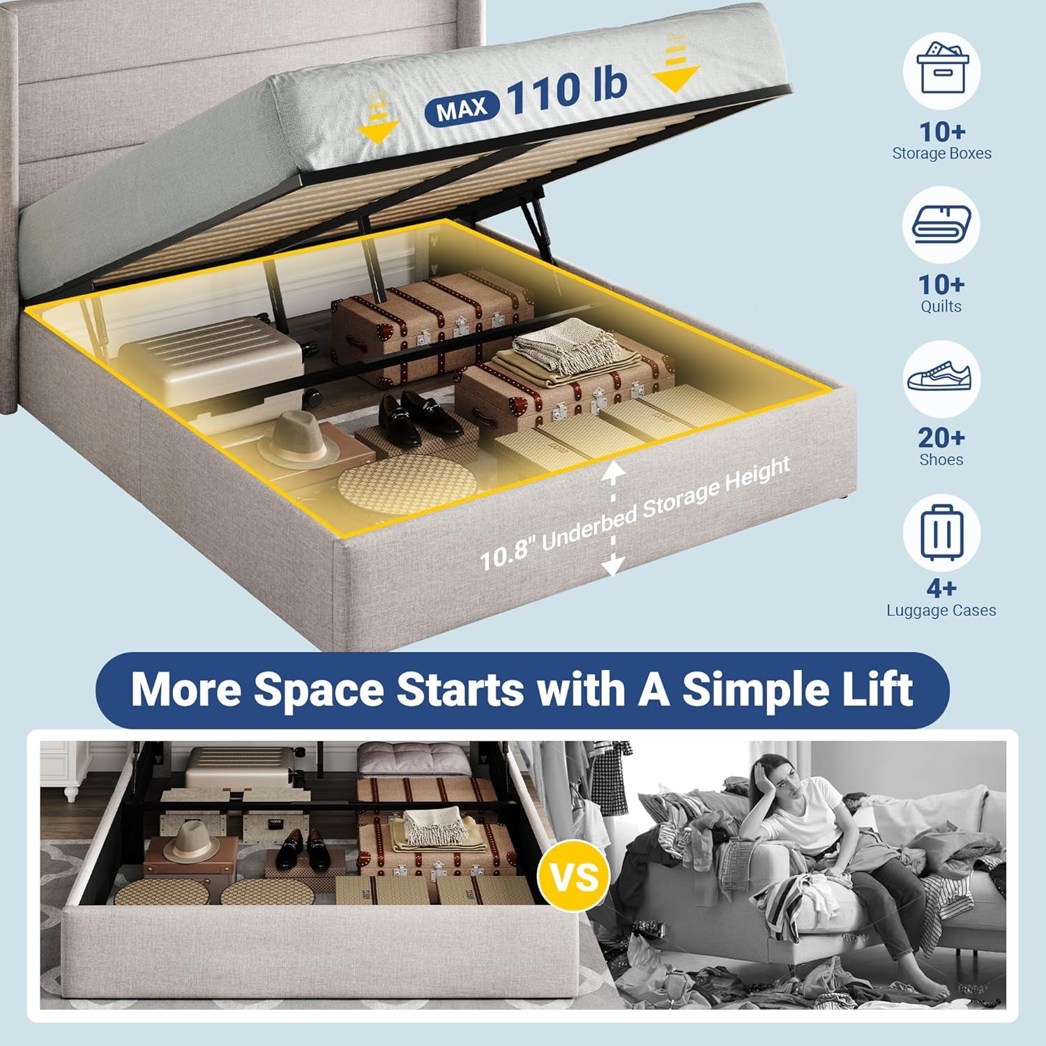 Queen Size Lift up Storage Bed, Modern Wingback Headboard, Hydraulic Support, No Box Spring Needed, Light Beige