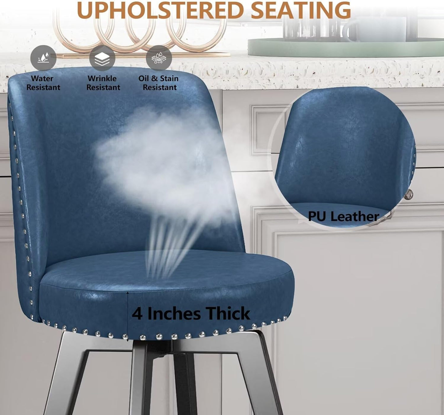 Bar Stools Set of 2, PU Leather Barstools, 26 Inch Upholstered Counter Stools with High Back and Footrest, Swivel Counter Height Barstools for Kitchen Island Home Bar Navy Blue