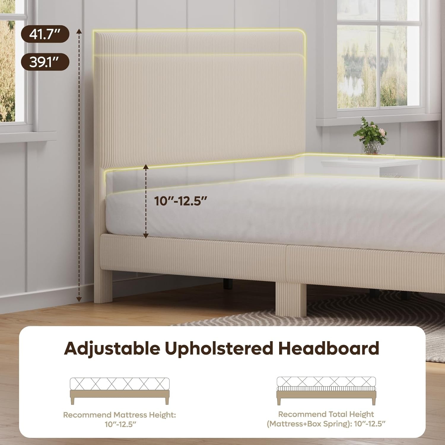 Bed Frame Queen Size with Headboard,Platform Bed Frame Upholstered with LED Lighting,Solid Wooden Bed Frame Slats Support,No Box Spring Needed, Never Squeaks, Easy Assembly,Beige