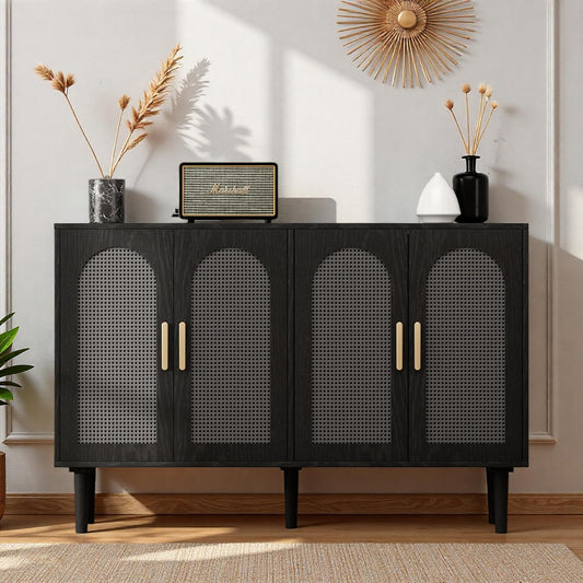 Modern Rattan-Door Sideboard Cabinet – 4-Door Credenza Buffet with Ample Storage, Large Accent Cabinet for Entryway, Living Room, Dining Room & Kitchen, Black & Grey