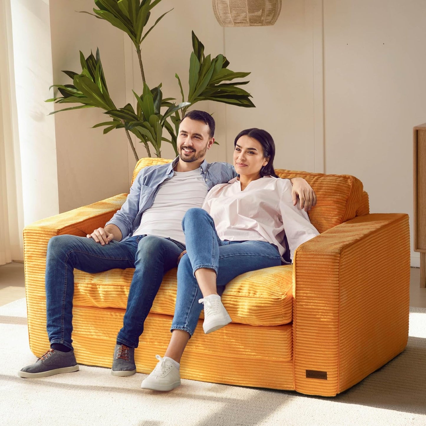 Convertible Sofa Bed, Pull Out Loveseat Sleeper Sofa, 2 in 1 Folding Couch Bed, Fold Out Floor Couch with Pillows for Living Room Bedroom Lounge, Orange