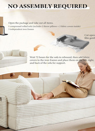 Oversized White Corduroy Futon Sofa Bed - Elegant Boneless Folding Couch for Living Room