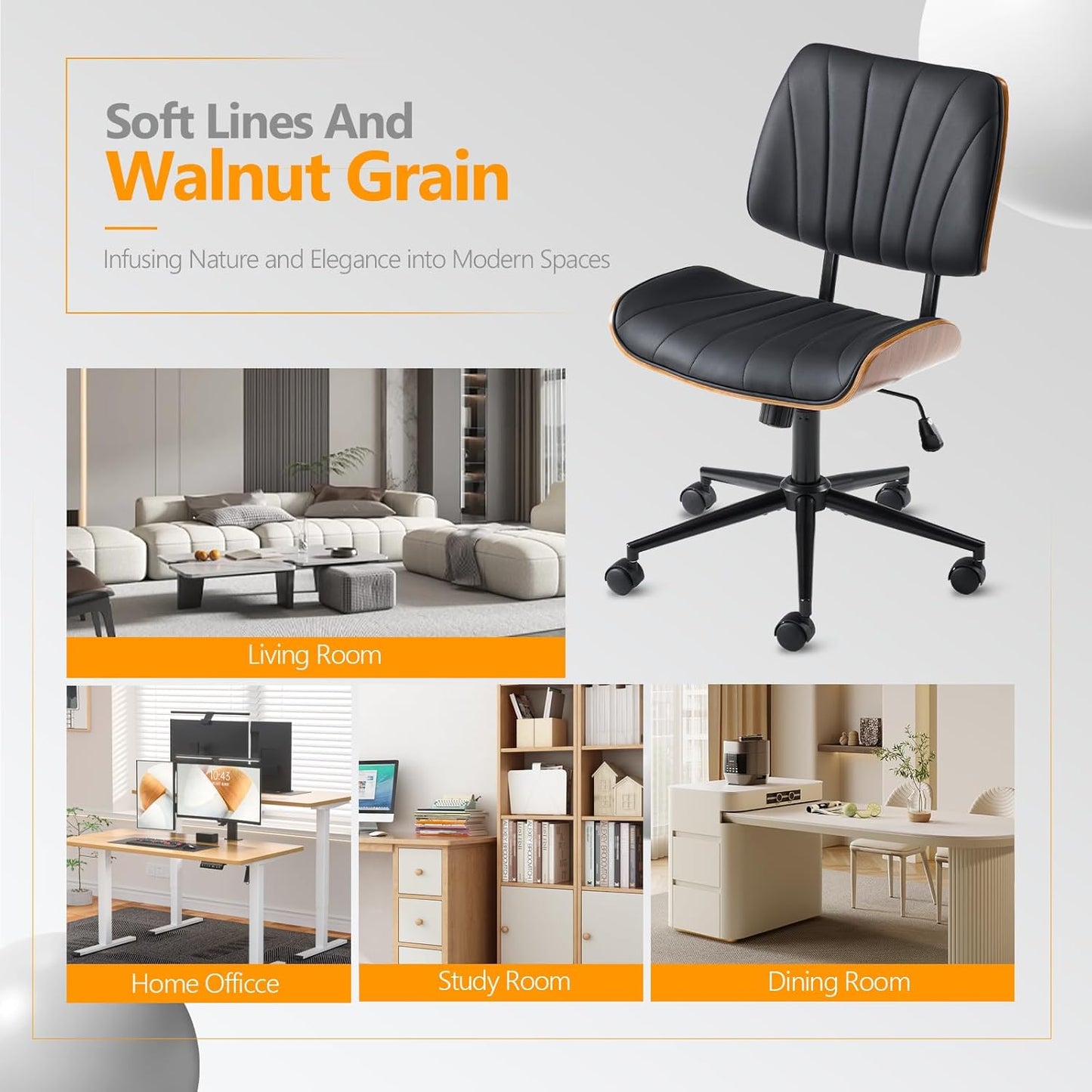 Wide Curved Seat&Back Armless Home Office Chair,Ergoromic Adjustable-Height Desk Chair,Swivel&Tilting Function,Stylish Walnut Task Chair for Meeing Room,Dining Room,Pu, Black