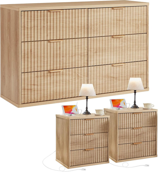 Fluted Dresser and 3 Drawers Nightstand Set of 2, Wood 48" Wide Dresser & 23" Night Stand with Charging Station, 3 Piece Bedroom Furniture Set, Chest of Drawers for Home,Living Room,Wood