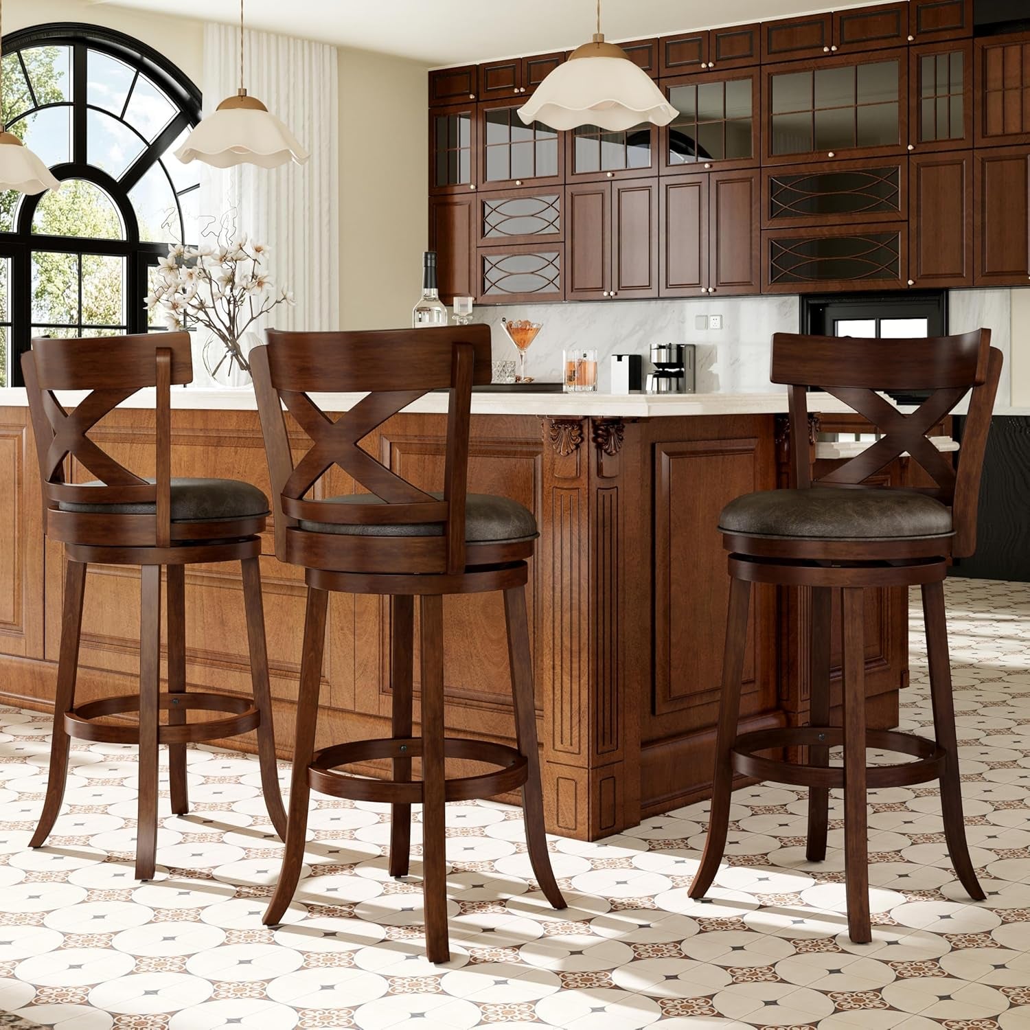 30 Inch Bar Height Stools Set of 4,Swivel Wooden Barstools Tall Upholstered Faux Leather Barstool with Back,Vintage Bar Height Chairs,Dark Brown Kitchen Stools