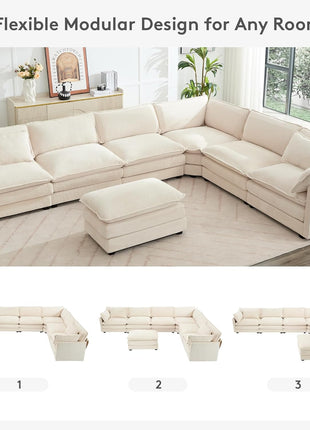150'' Modular Sectional Cloud Couch, 7 Seater Corner Sofa Big Comfy Corduroy V Shaped Couch with 4 Throw Pillows, Convertible Chaise, Ottoman, Couches for Living Room Office Beige
