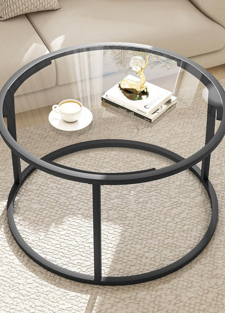 Contemporary 27" Round Black Coffee Table with Glass Top and Durable Metal Frame for Living Room and Home Office, Effortless Assembly