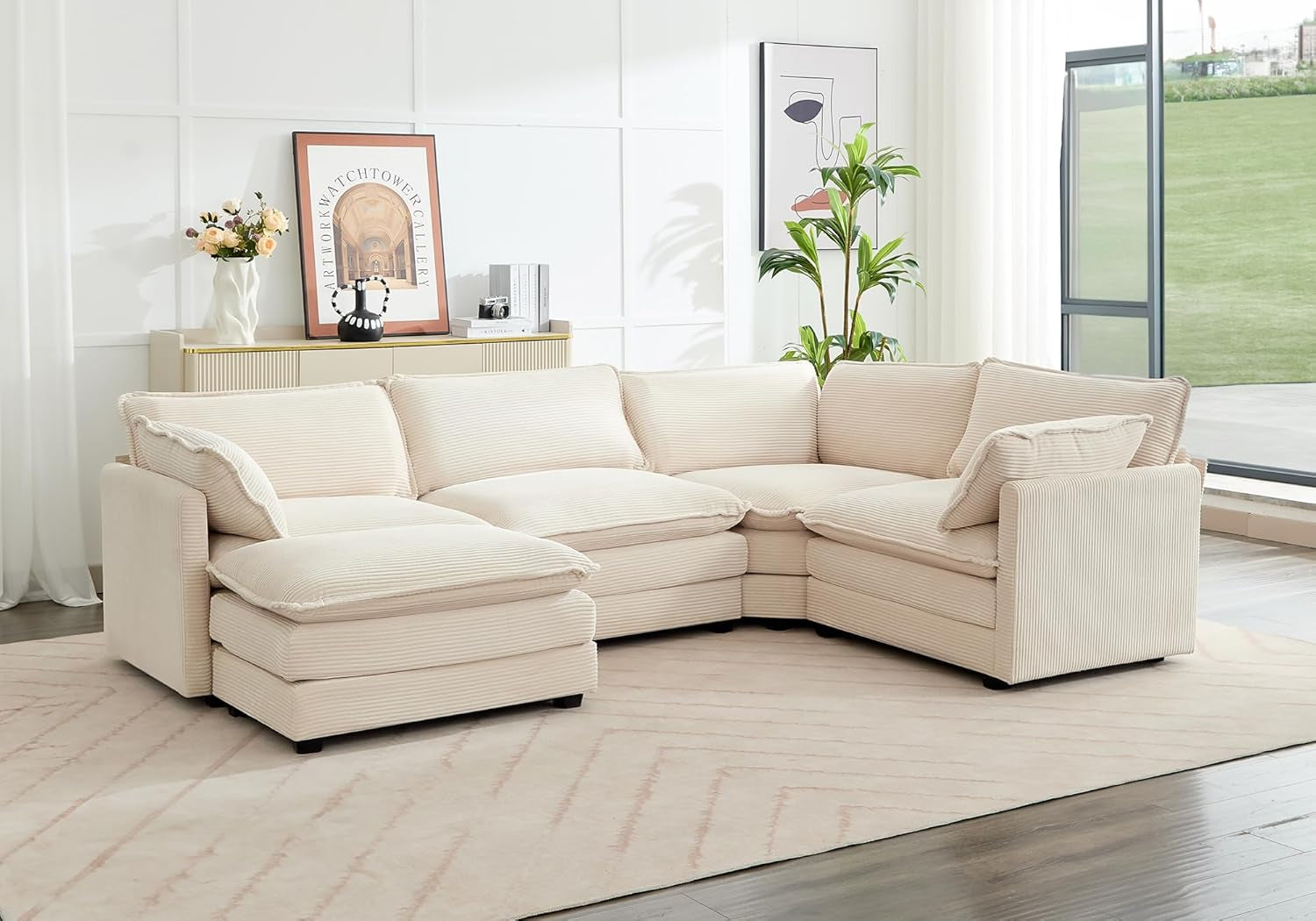 113'' Modular Sectional Cloud Couch, 5 Seater Corner Sofa Big Comfy Corduroy Oversized L Shaped Couch with 2 Pillows, Chaise, Ottoman, Deep Seat Sectional Couches for Living Room Office, Beige