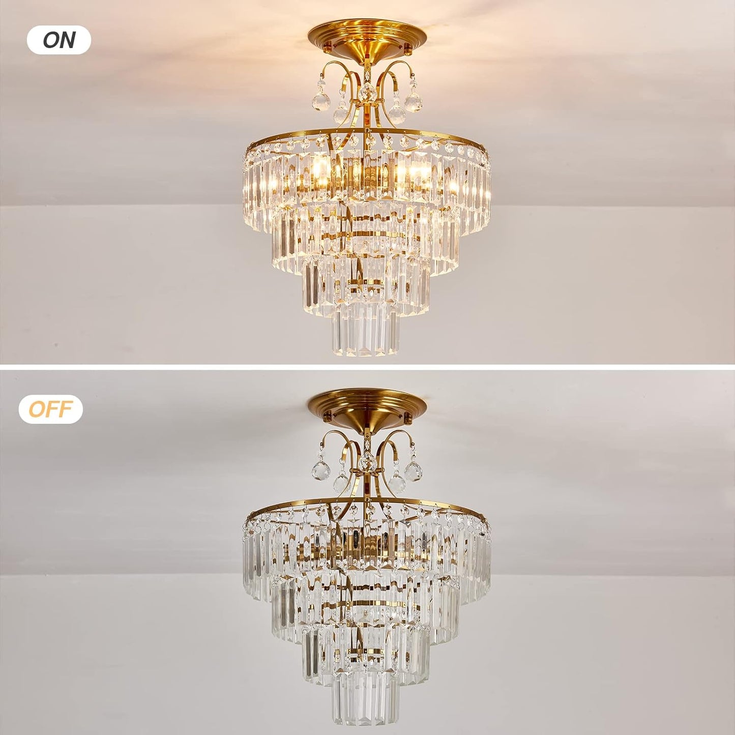 5 -Lights Crystal Gold Chandelier Fixture Modern Semi Flush Mount Ceiling Light with E12 Ceiling Lighting for Bedroom Living Room Kitchen Hallway Dining Room,D15.35 X H20.07