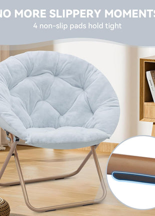 Set of 2 Adult Faux Fur Saucer Chairs - Comfortable Lounge Seating for Living Room, Bedroom, Dorm, and Apartment with Thick Padding and Folding Metal Frame (Blue)