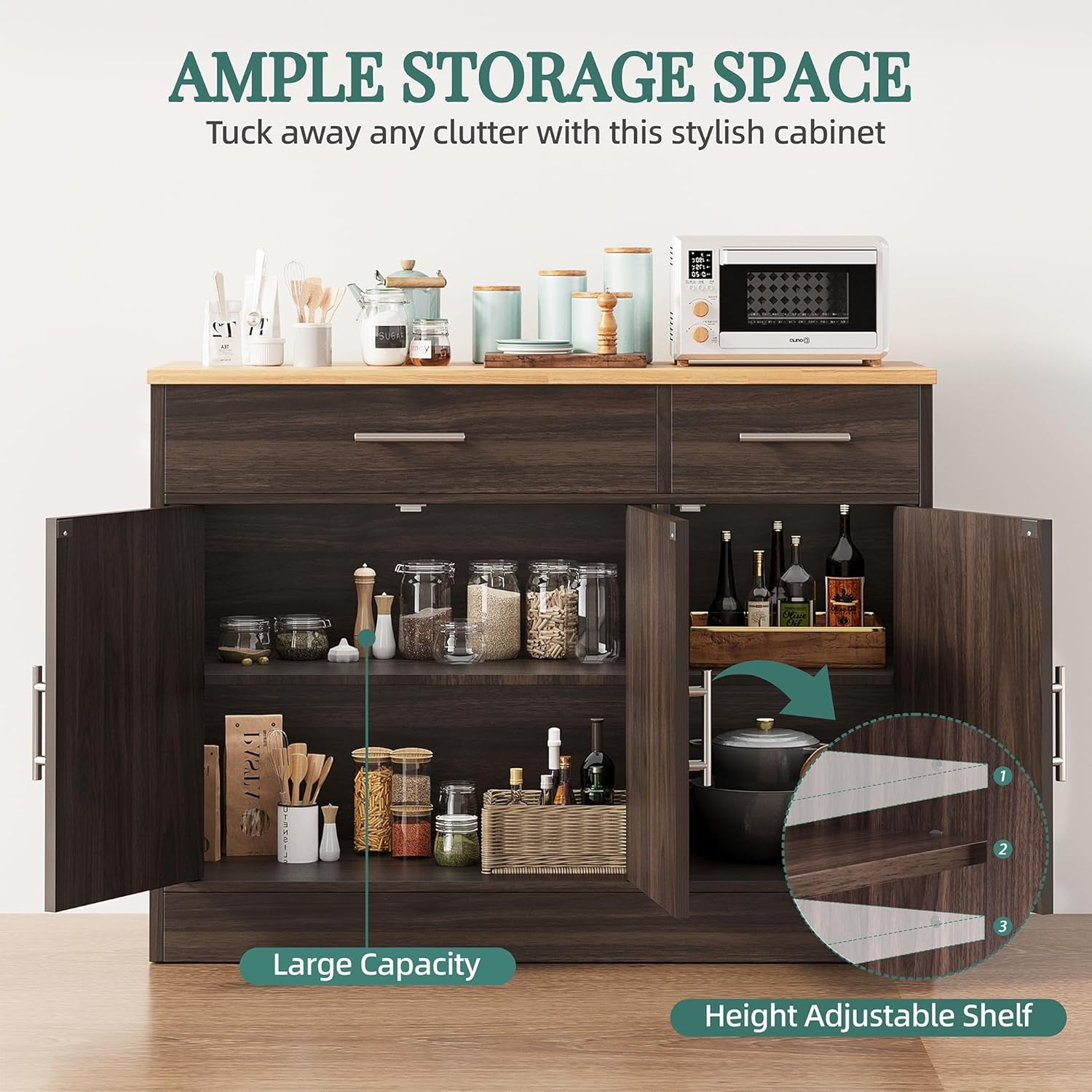 Modern Farmhouse Sideboard Buffet Cabinet,Barn Doors Buffet Cabinet with 2 Drawers & 3 Doors,Wood Coffee Bar Cabinet with Adjustable Shelf for Kitchen Living Room,Brown