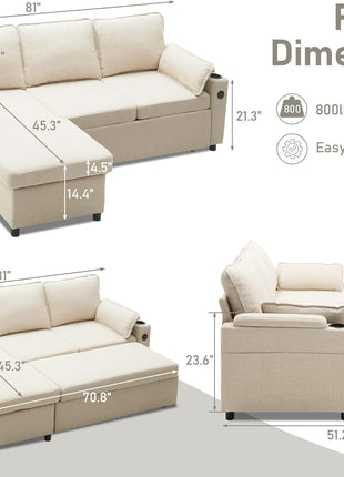 Beige 2-in-1 Pull-Out Sofa Bed with Storage, USB Ports, and Cup Holders – Stylish Sectional Ideal for Apartment Living