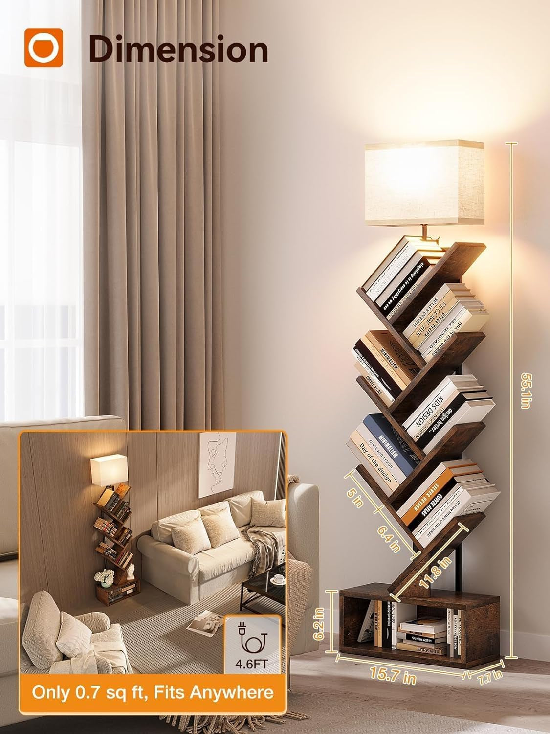 6-Tier Tree Book Shelf with LED Light, Steel&Wood Bookshelf with Storage Cabinet, Narrow Tall Bookcase with 3CCT Bulb, Small Bookshelf for Bedroom, Home Office&Living Room-Rustic Brown