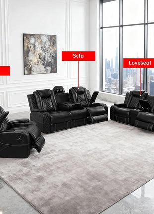 Power Recliner Sectional Sofa Set with LED Lighting, Breathable Leather Upholstery, Storage Console, Cup Holders, Wireless Charging, and Touch Reading Light - 3-Piece Black Sofa for Living Room, Home Theater, and Office