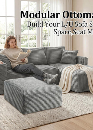 Oversized Foam Support Corduroy Ottoman for Living Room and Bedroom in Light Gray - No Assembly Required