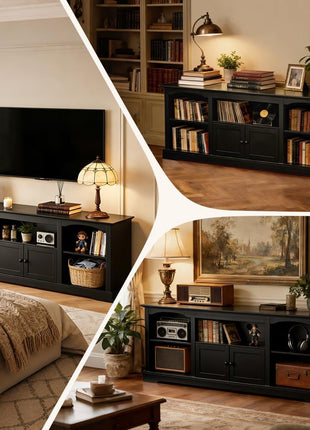 71-Inch Contemporary Farmhouse TV Stand for TVs up to 80 Inches with Arched Cabinet Doors and Adjustable Open Storage Shelves, Media Console Table for Living Room in Black