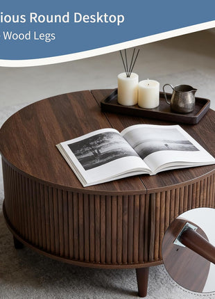 Mid-Century Modern Round Coffee Table with Storage - 31.69" Fluted Center Table for Living Room, Rustic Wood 2-Tier Design with Sliding Cabinet Door, Brown