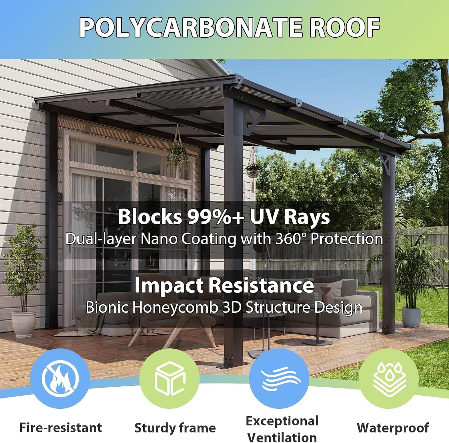 8'X 10' Premium Gazebo with Aluminum Top Frame & Polycarbonate Panel, Wall Mounted Gazebos Pergola, Outdoor Patio Lean to Gazebo, Awnings with Sloped Roof, for Backyard, Porch, Deck