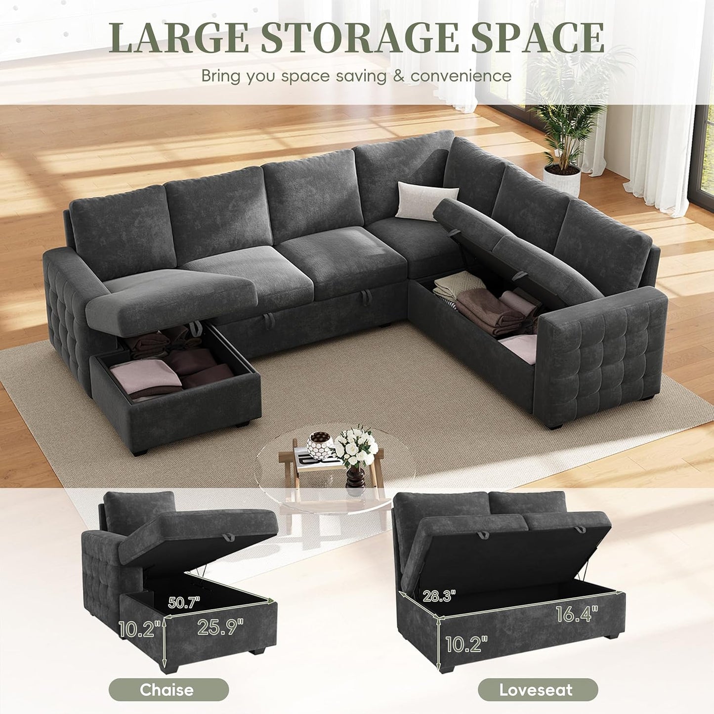 104" Sectional Sleeper Sofa Bed, Pull Out Couch with Storage, Modular Cloud Sofa with Chaise, 7 Seat U Shaped Sectional Couches for Living Room& Apartment, Convertible Sofas, Gray Couch